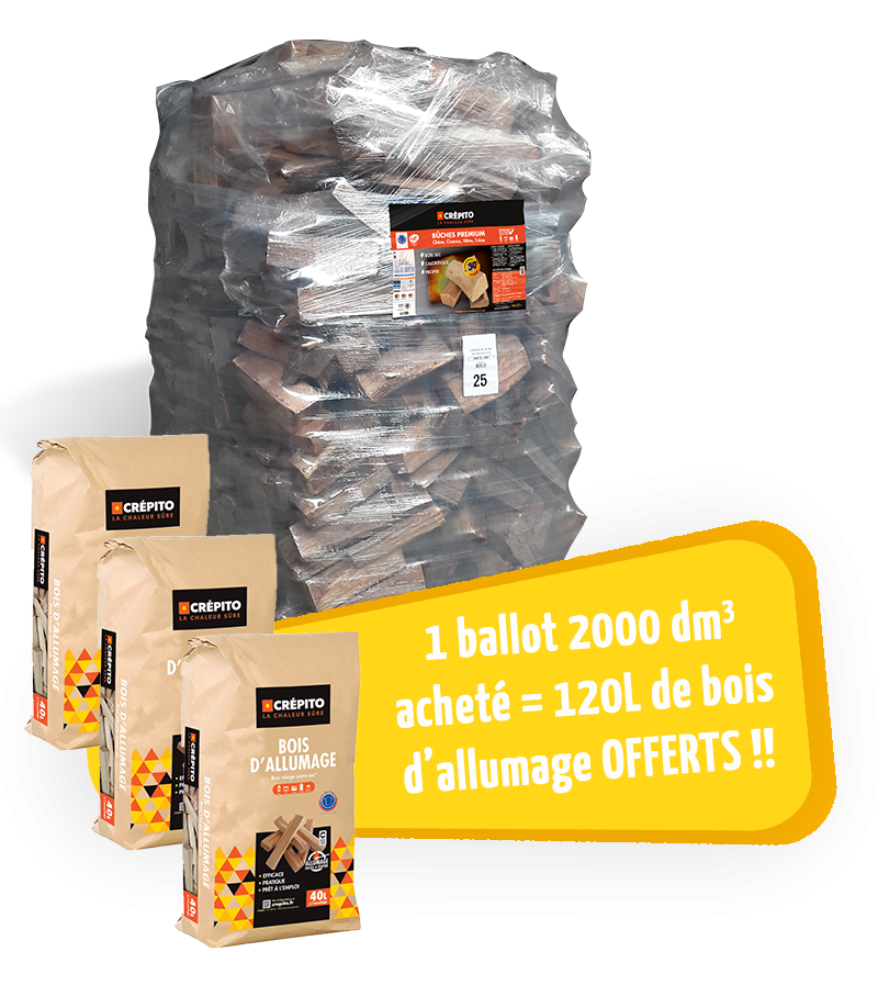 Vue du pack promo ballot bûches premium et bois d'allumage 